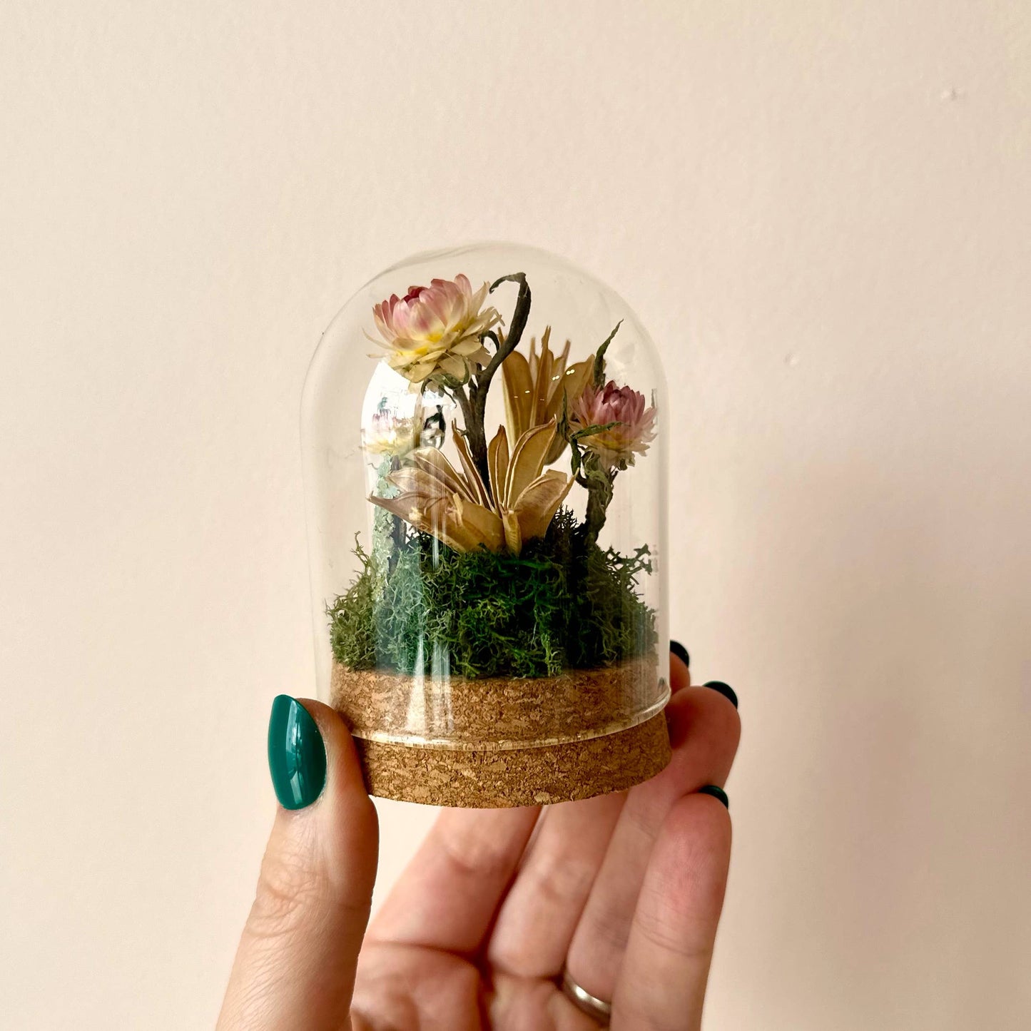 Large Botanical Glass Terrarium Jar w. Pink Dried Florals: Tall