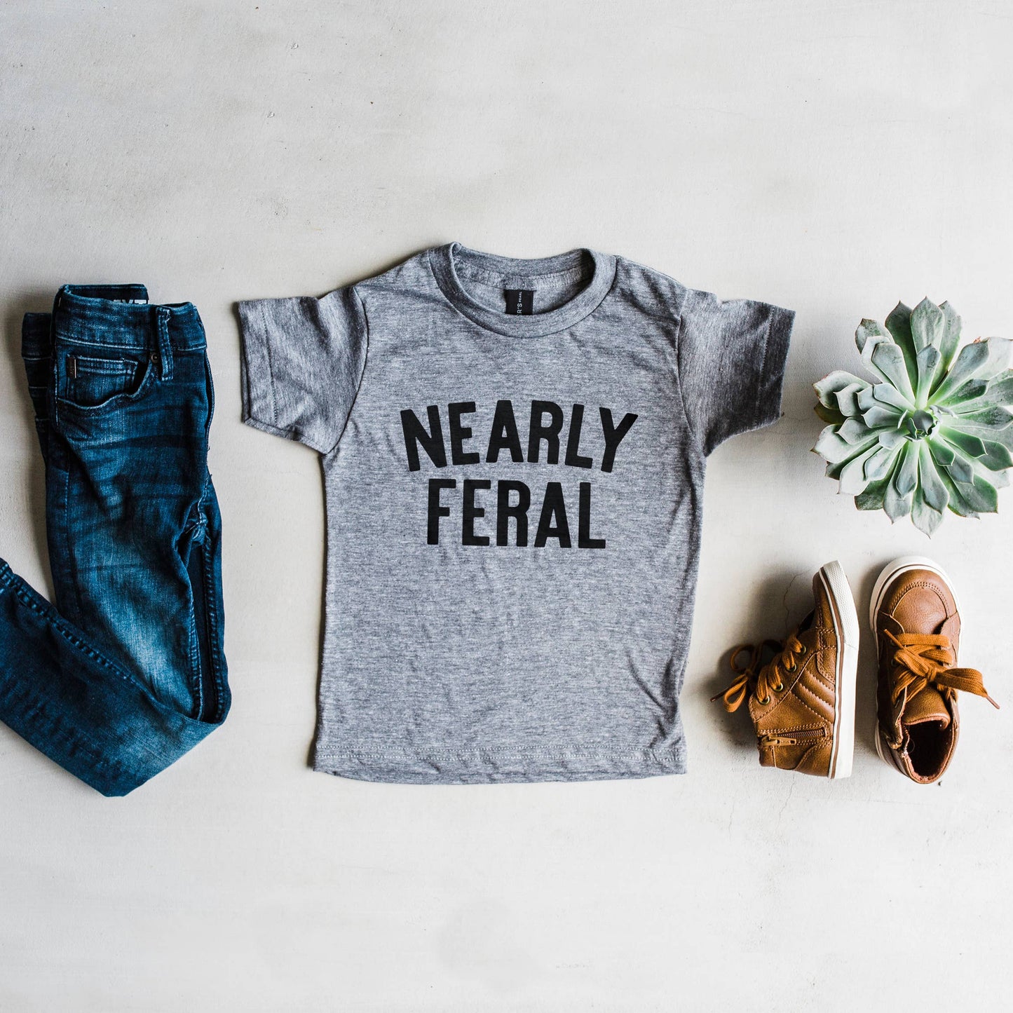 Nearly Feral Kids Tee
• Gray: 3T