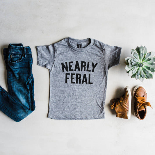 Nearly Feral Kids Tee
• Gray: 3T