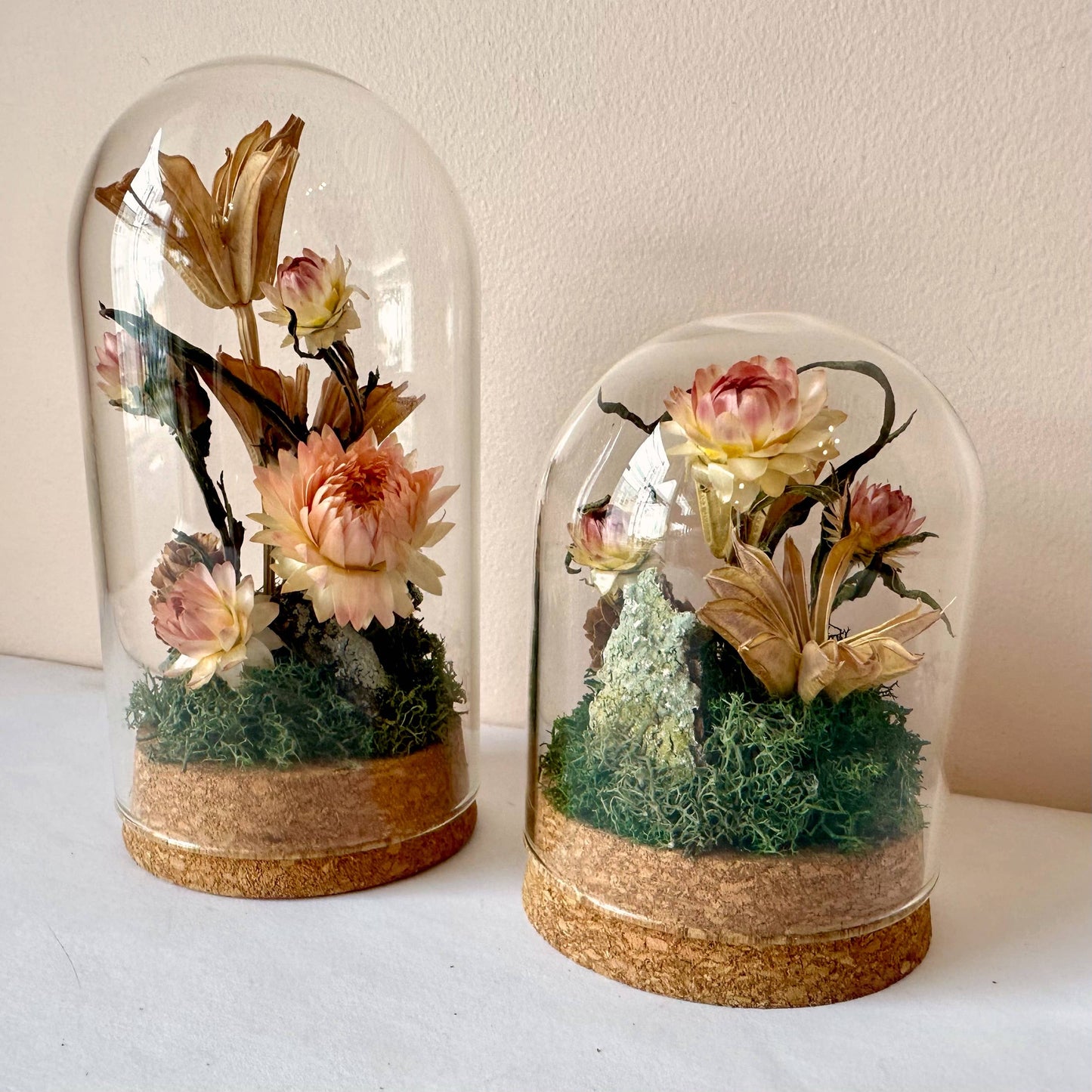 Large Botanical Glass Terrarium Jar w. Pink Dried Florals: Tall