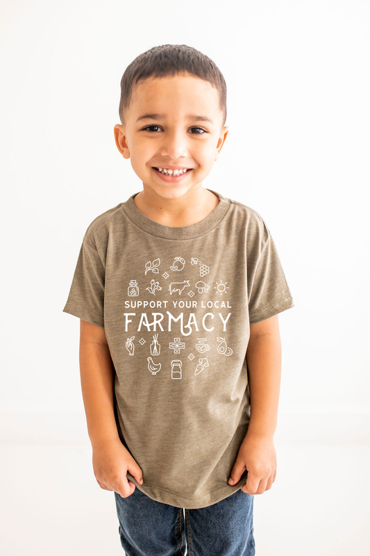 Support Your Local Farmacy Kid Shirt | Eco Friendly Farm Tee: HEATHER OLIVE / 12-18M TSHIRT