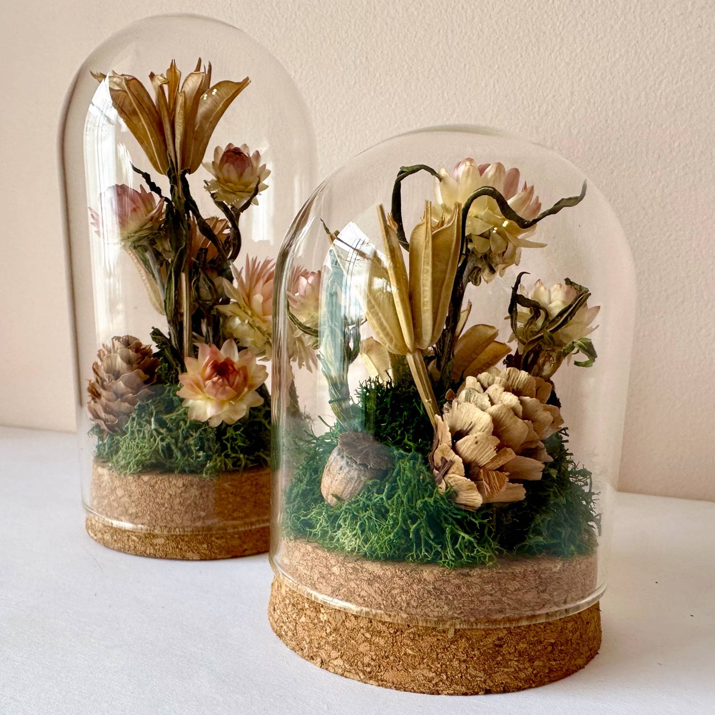 Large Botanical Glass Terrarium Jar w. Pink Dried Florals: Tall