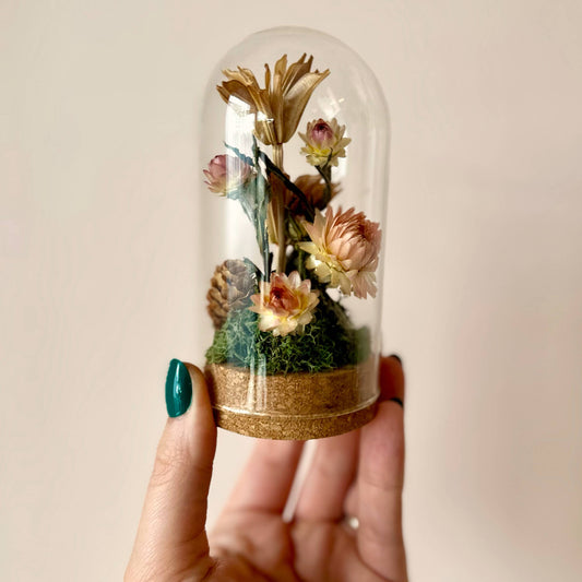 Large Botanical Glass Terrarium Jar w. Pink Dried Florals: Tall