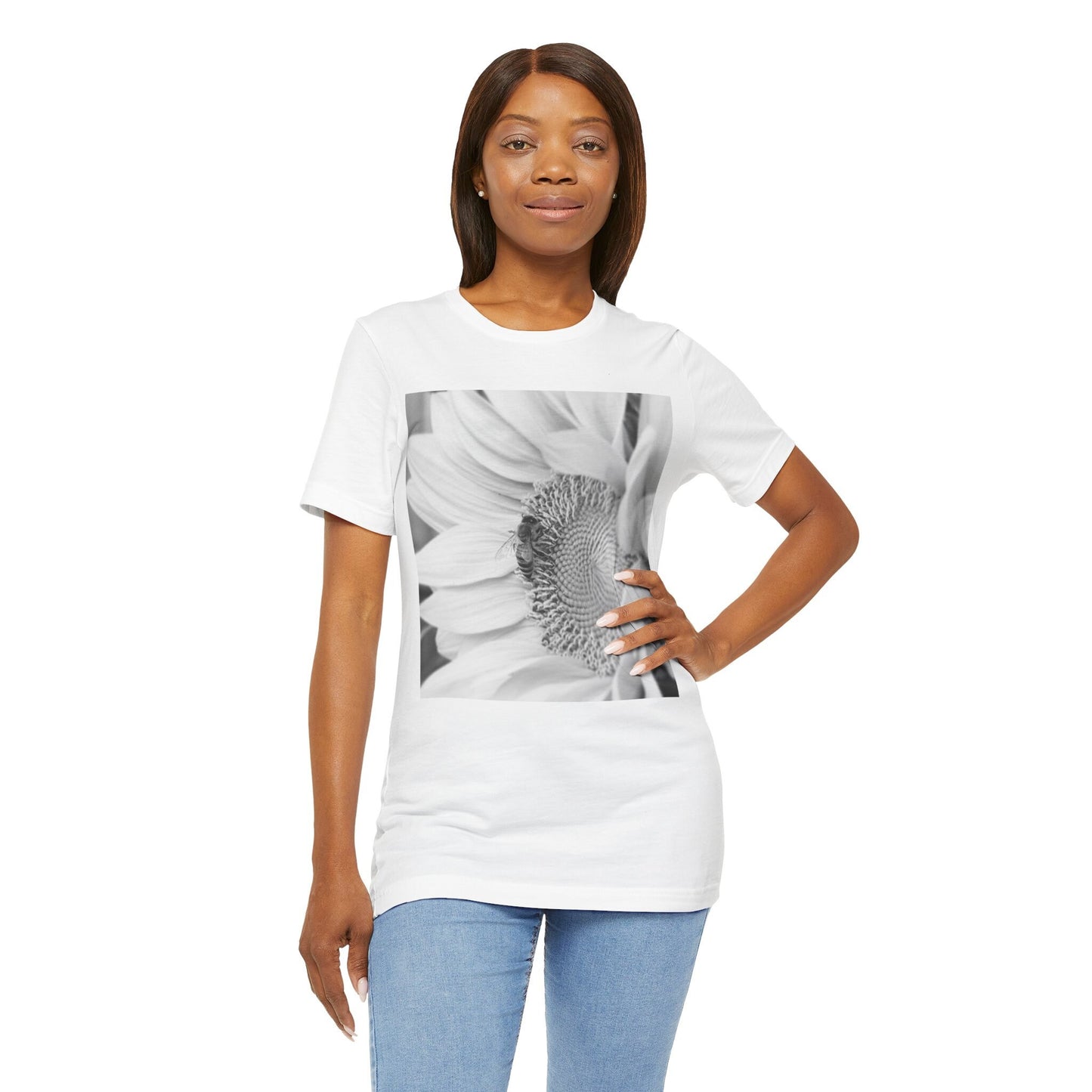 Honey Bee & Sunflower Tee, Black White Nature Photo T-shirt, Unisex Jersey Top, Garden Lover Gift, Floral Graphic Shirt, Short Sleeve Men