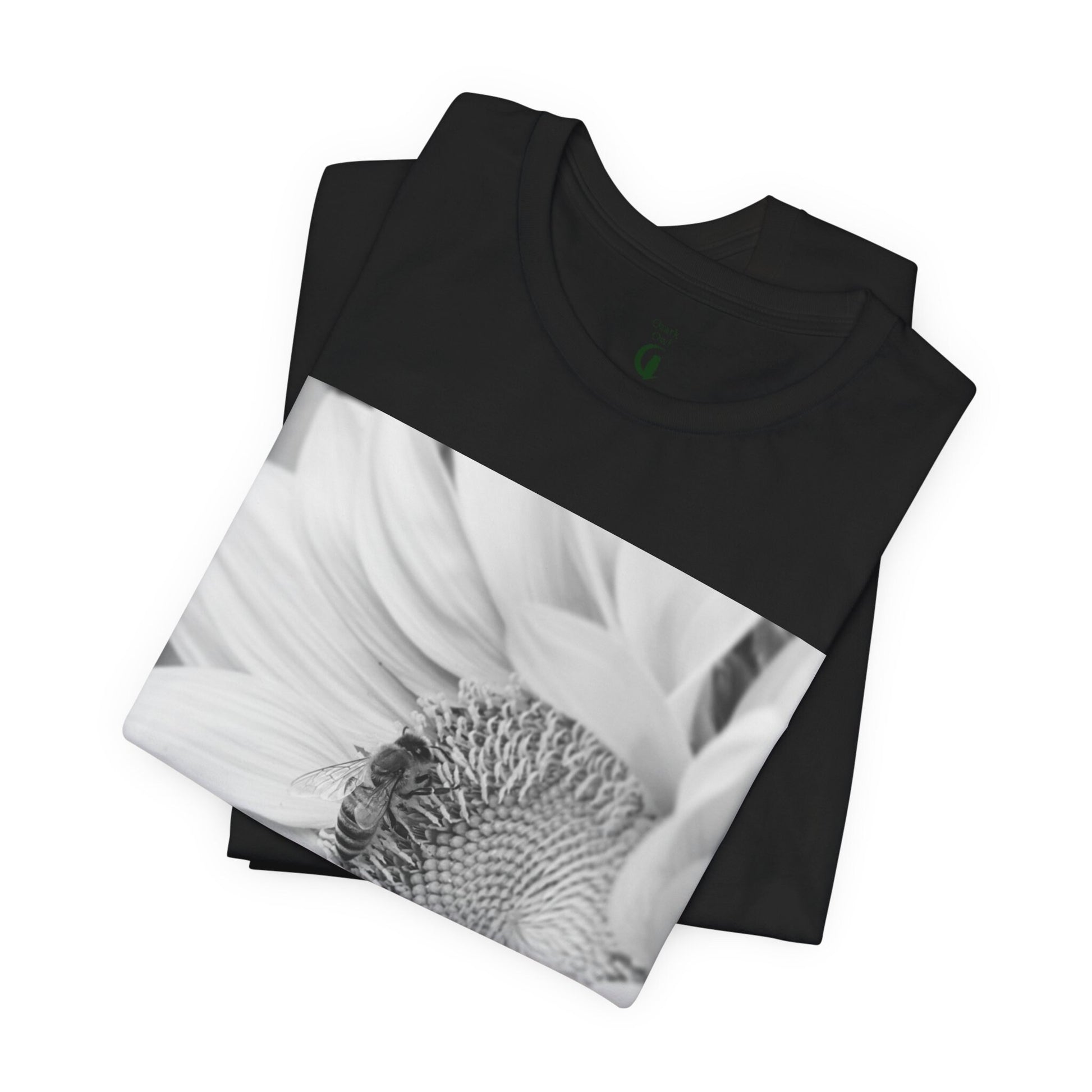 Honey Bee & Sunflower Tee, Black White Nature Photo T-shirt, Unisex Jersey Top, Garden Lover Gift, Floral Graphic Shirt, Short Sleeve Men