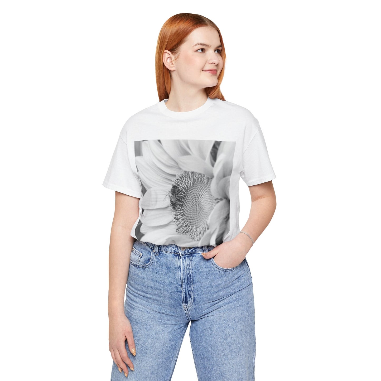Honey Bee & Sunflower Tee, Black White Nature Photo T-shirt, Unisex Jersey Top, Garden Lover Gift, Floral Graphic Shirt, Short Sleeve Men
