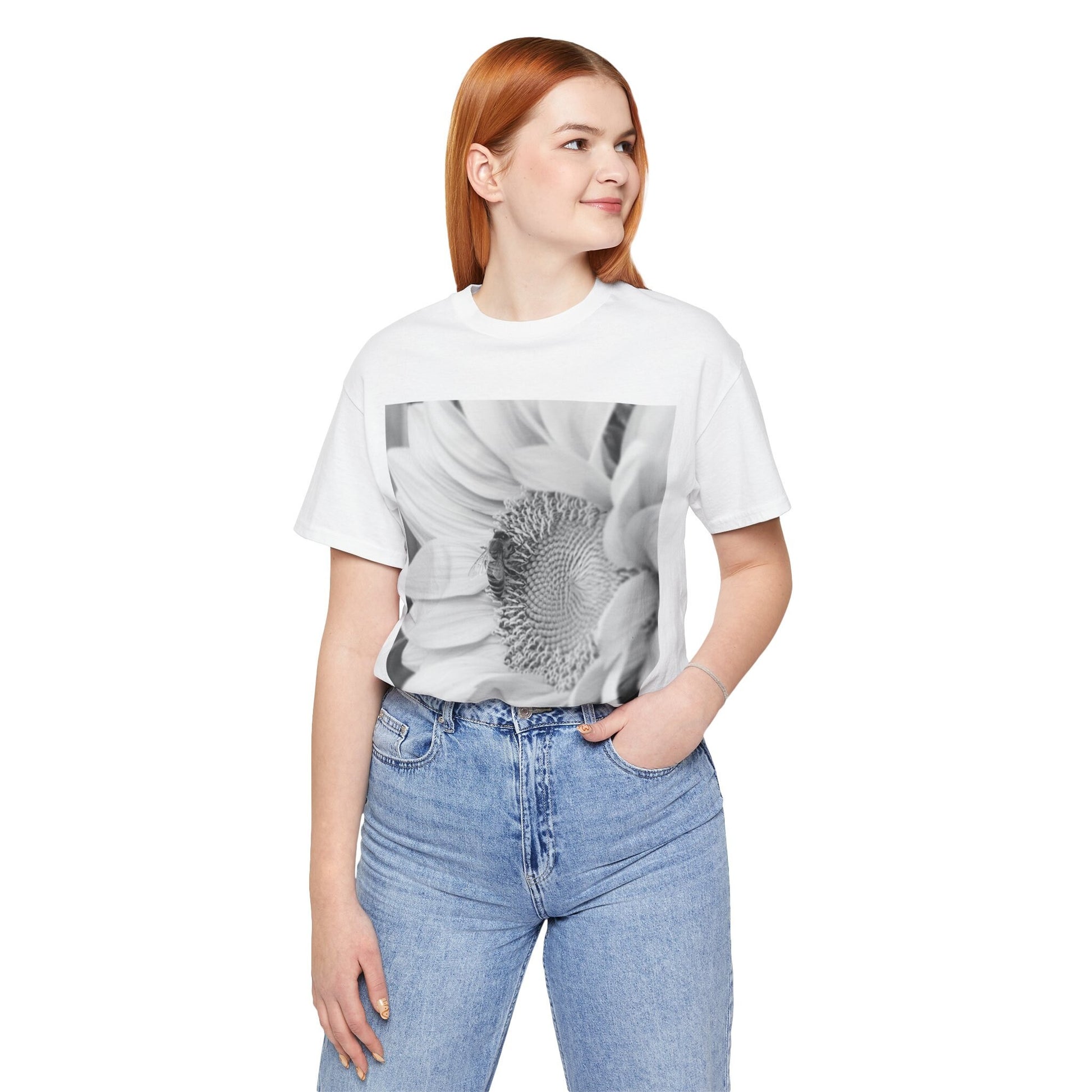 Honey Bee & Sunflower Tee, Black White Nature Photo T-shirt, Unisex Jersey Top, Garden Lover Gift, Floral Graphic Shirt, Short Sleeve Men